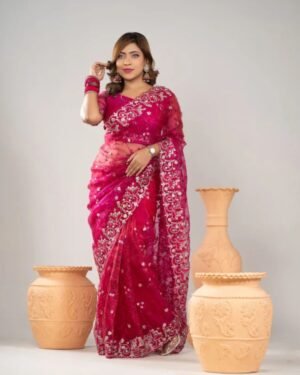 প্রিমিয়াম ইন্ডিয়ান ওয়েটলেস সফট অরগাঞ্জা শাড়ি ব্লাউজ পিস সহ